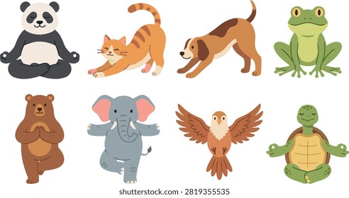 An adorable flat vector collection of cute cartoon animals practicing various yoga, stretching, and meditation poses. Features a serene panda in lotus pose, stretching cat, downward-facing dog, squatting frog, brown bear in tree pose, balancing elephant, flying eagle with open wings, and a meditating turtle. Ideal for kids' yoga studios, mindfulness apps, wellness graphics, children's books, health posters, and self-care branding.
