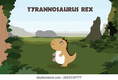 Adorable flat vector illustration of a baby Tyrannosaurus Rex in a prehistoric jungle landscape.