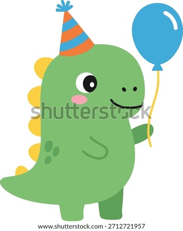 Adorable flat vector illustration of a baby dinosaur wearing a party hat and holding a balloon. Perfect graphic element for children's birthday invitations, baby shower decorations, stickers, and appa