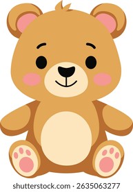 Adorável ilustração vetor plana de um urso de pelúcia bonito sentado e sorrindo. Perfeito para temas infantis, animais de floresta e desenhos animados.