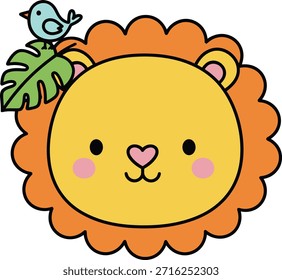 Adorable Ilustración vectorial plana de una cabeza de león feliz con un pájaro azul y una hoja de monstera. Perfecto para la ropa de los niños, el arte de la pared del vivero, y la decoración educativa de la escuela.
