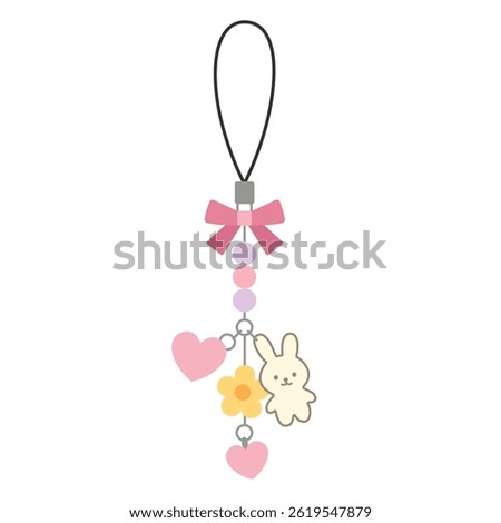 Adorable flat vector illustration of a kawaii keychain with a pink bow, pastel beads, hearts, yellow flower, and a cute bunny charm. Perfect for children's products, stationery, and gifts