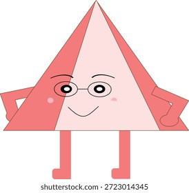 An adorable flat vector illustration of a light purple pyramid or triangle character wearing round black glasses for a smart, studious look. The character features a happy smiling face and simple limbs, making it a perfect mascot for mathematics education, school-themed stationery, and children's book illustrations. This whimsical geometric design helps make learning fun and engaging for young students in a classroom or home setting.