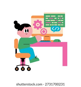 Adorable flat vector illustration of a young girl sitting at a desk and using a computer to learn software development with gear and code icons on the monitor, depicting childhood STEM education, coding for kids, and digital literacy in a warm and friendly style for posters and web.