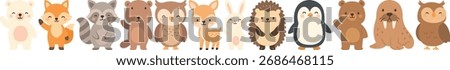 Adorable flat vector lineup of woodland and arctic animals—polar bear, fox, raccoon, deer with fawn, rabbit, hedgehog, penguin, walrus, and owls—sweet cartoon characters for nursery and education.