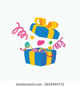 Adorable flat vector of an open gift box bursting with ribbons, candy, hearts, and confetti. Great for party, birthday, and giveaway designs with a colorful and joyful aesthetic.