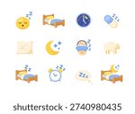 Adorable flat vector sleep and night themed icons including moon, stars, bed, pillow, alarm clock and dreamy elements.