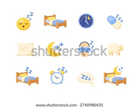 Adorable flat vector sleep and night themed icons including moon, stars, bed, pillow, alarm clock and dreamy elements.