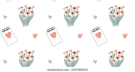 Adorable floral and heart-themed pattern with bouquets and notebooks, soft pastel tones, suitable for gentle designs and gift wrapping