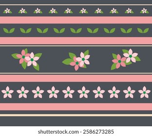 Adorable floral pattern on dark grey with cute flowers and green leaves. Seamless pattern design.