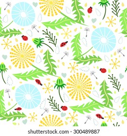 Adorable floral vector pattern of dandelions, ladybirds, drops and leaves in fresh summer colors.