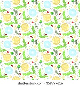 Adorable floral vector pattern of dandelions, ladybirds, ladybugs, drops and leaves in fresh summer colors.