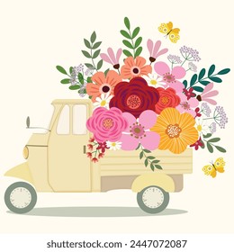  adorable flores brillantes ramo floral en camión Clipart dibujado a mano Ilustración vectorial para decorar invitación de felicitación fiesta de cumpleaños celebración tarjeta de boda poster fondo