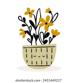 Adorable flowerpot with doodle kawaii face. Textured hand drawn isolated illustration