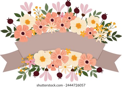 Adorable Flowers Bouquet with Ribbon Banner - Hand-drawn Vector Illustration for Decor, Invitations, and Greeting Cards