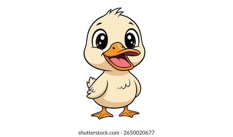Adorable fluffy baby duckling standing proudly with big bright eyes and open beak smiling warmly