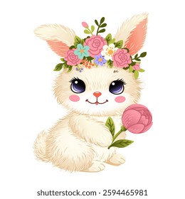 Adorable fluffy bunny with floral crown holding a pink flower. Cute spring illustration