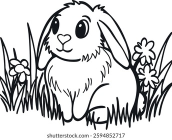 Adorable fluffy bunny sitting in the grass with flowers in a black and white style.