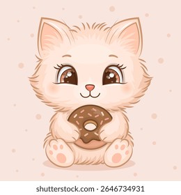 Personagem adorável do gato de desenho animado segurando uma rosquinha de vidro de chocolate. Ilustração vetorial em tons pastel macios do animal.