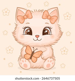 Personagem adorável do gato de desenhos animados fofo com arcos de cabelo e borboleta. Ilustração vetorial em tons pastel macios do animal.