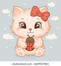 Personagem adorável do gato do desenho animado com arco de cabelo e joaninha. Ilustração vetorial do animal sobre fundo azul com nuvens.