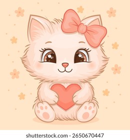 Adorable Fluffy Cartoon Cat character with hair bow and red heart. Vector illustration of the animal on a yellow background with flowers.