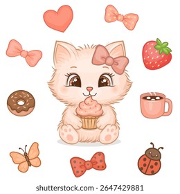 Adorable Fluffy Cartoon Cat holding a Cupcake, Surrounded by sweet and playful elements such as a donut, strawberry, bows, hearts, ladybug, butterfly, and a cup. 