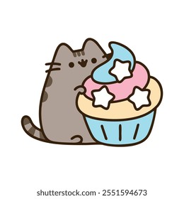 Adorable fluffy cat with frosting on its whiskers, sitting beside a colorful cake. A perfect mix of cuteness and sweetness, capturing playful and heartwarming moments