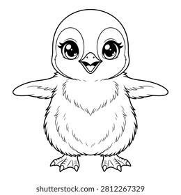 Adorable fluffy chick with outstretched wings, isolated vector for kids coloring books, happy cute bird.
