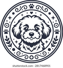 An adorable fluffy dog face centered within a circular frame decorated with floral elements and paw prints. This whimsical design is perfect for pet boutiques.