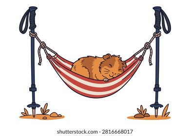 Adorable fluffy guinea pig resting inside miniature striped hammock suspended between two hiking poles outdoor setting.