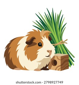 Adorable fluffy guinea pig sitting next to stack of fresh green grass and small wooden block enclosure.