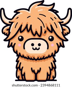 Adorable fluffy highland cow. Cute character vector. Light brown and fluffy.