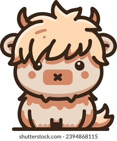 Adorable fluffy highland cow. Cute character vector. Light brown and fluffy.