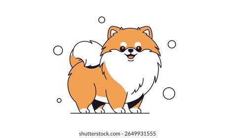 Adorable fluffy pomeranian dog with a bushy tail and playful expression surrounded by bubbles