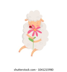 Adorable fluffy sheep sitting and smelling flower. Cartoon character of domestic animal with shiny eyes and pink cheeks. Flat vector design for children book or print