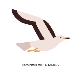 Adorable flying arctic bird vector flat illustration. Colorful seagull raising up wings isolated on white background. Beautiful polar wild winged creature. Nordic seabird, nautical gull