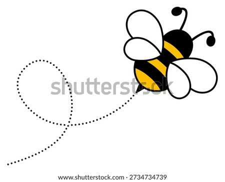Adorable flying bee with dashed route trail. Playful bumblebee mascot design shows buzzing character on journey. Vector illustration isolated on white.
