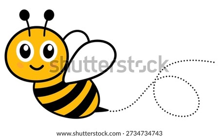 Adorable flying bee with dashed route trail. Playful bumblebee mascot design shows buzzing character on journey. Vector illustration isolated on white.