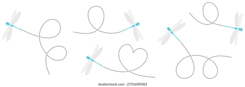 Adorable flying dragonfly with dashed route trail. Cute insect mascot design shows buzzing character on journey. Vector illustration isolated on white.