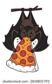 Adorable flying mammal enjoys a huge pizza slice, showcasing a love for fast food.