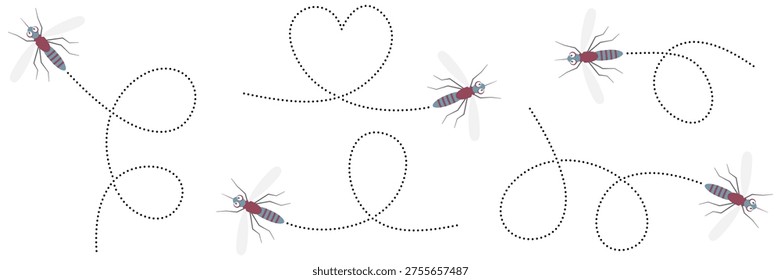 Adorable flying mosquito with dashed route trail. Playful insect mascot design shows buzzing character on journey. Vector illustration isolated on white.