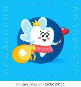 Adorable flying tooth fairy mascot holding a magic wand and tooth bag on blue background. Fun and friendly dental character for kids’ designs and educational materials