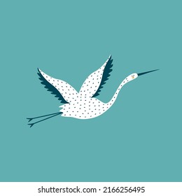 Adorable Flying White Stork Hand Drawn Vector Illustration. Isolated  Baby Character In Flat Style.Cute Bird For Kids Logo Or Icon.