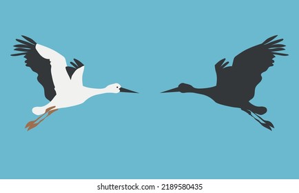 Adorable flying white stork.Isolated child character in flat style. Cute bird for baby logo or badge. Stork silhouette.