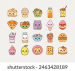 Adorable food items with smiling faces in a kawaii cartoon style. Perfect for children