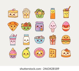 Adorable food items with smiling faces in a kawaii cartoon style. Perfect for children's merchandise, educational materials, or digital sticker packs.