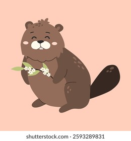 Adorable forest animal design featuring a cheerful beaver holding flowers.