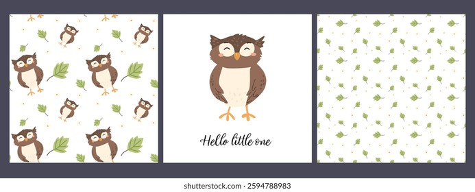 Adorable forest animal patterns with cute owls and leaves for nursery decor.