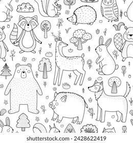 Adorable forest characters black and white seamless pattern. Cute woodland animals outline background for kids. Bear, deer, raccoon and others. Vector illustration